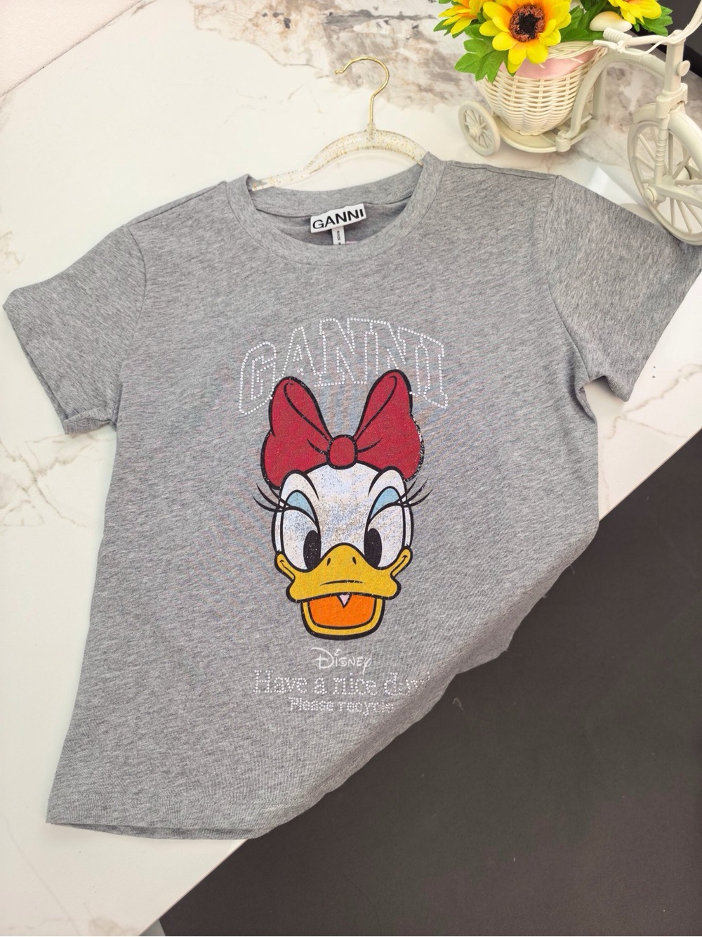 Ganni Heather Gray Tee with Daisy Duck Face and Red Bow - Picture 2 of 9